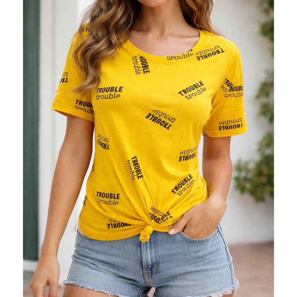 Tops Yellow Women Junior XL Rebellious One Knot Tee with Trouble Designs‎
